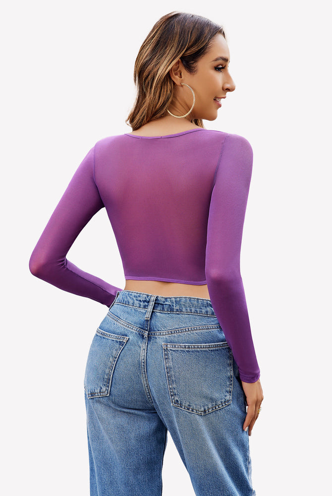 Purple sheer long sleeve crop top and blue jeans - Sexy and comfortable outfit. Avidlove lingerie.