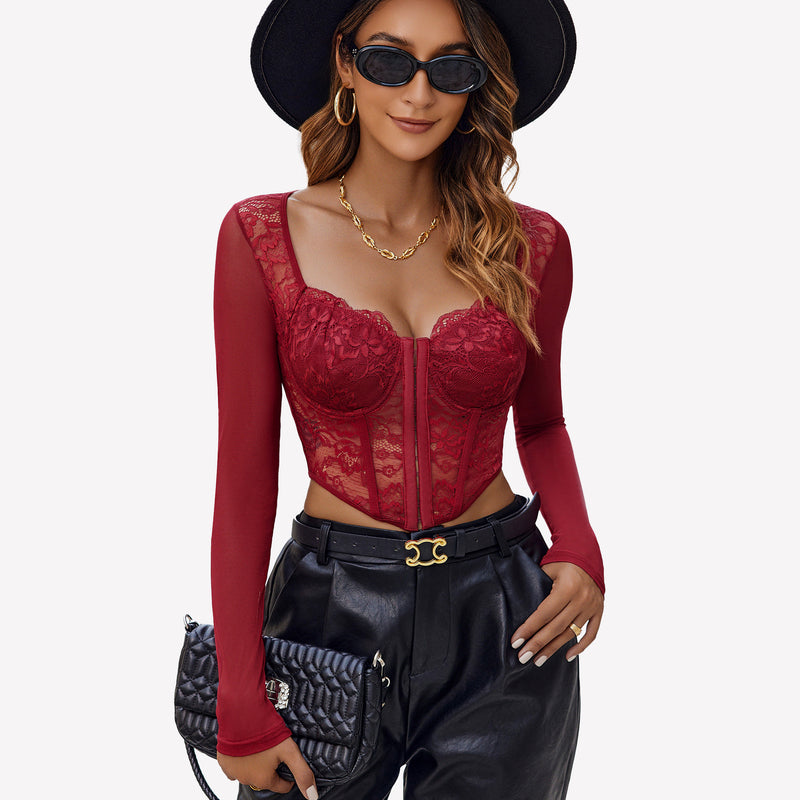 Burgundy lace crop top with long sleeves and black leather pants - Sexy Avidlove lingerie outfit