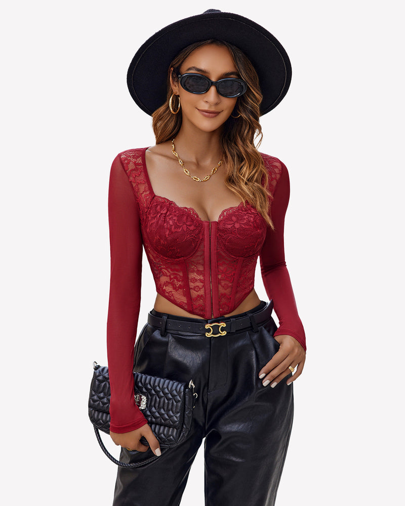 Burgundy lace crop top with long sleeves and black leather pants - Sexy Avidlove lingerie outfit
