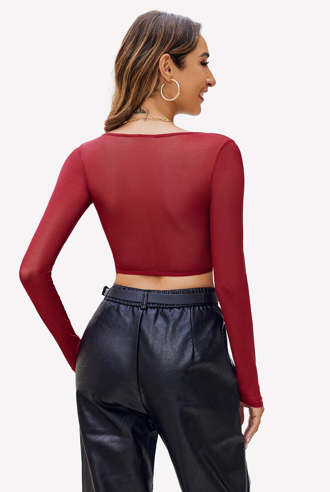 Burgundy sheer crop top with black leather pants. Sexy and comfortable lingerie for women.