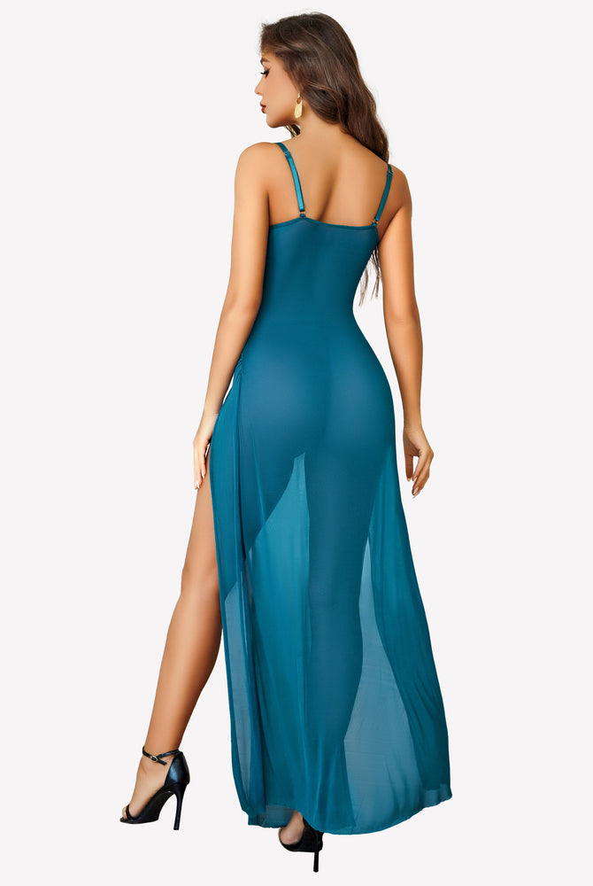 Teal mesh slit dress with underwire, high slits, elegant, feminine design, adjustable straps