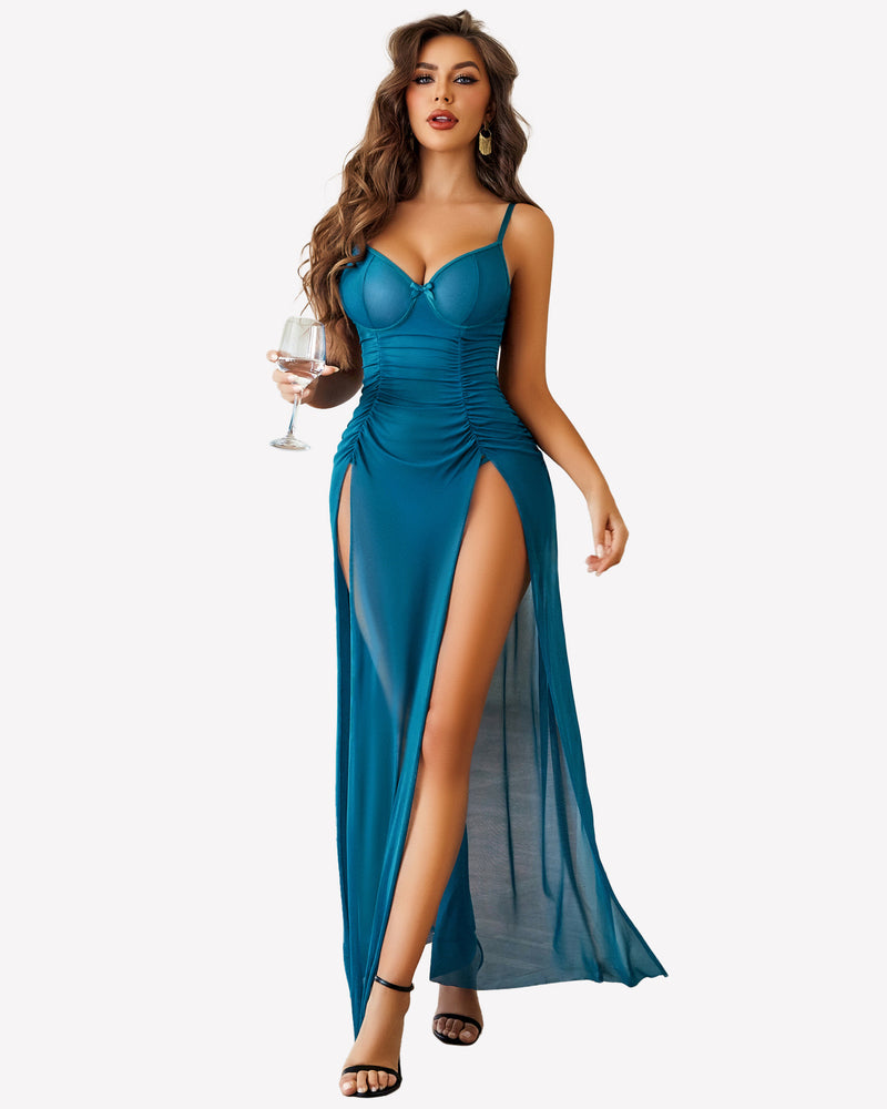 Teal mesh slit pleated dress with underwire, high slits, elegant and feminine design