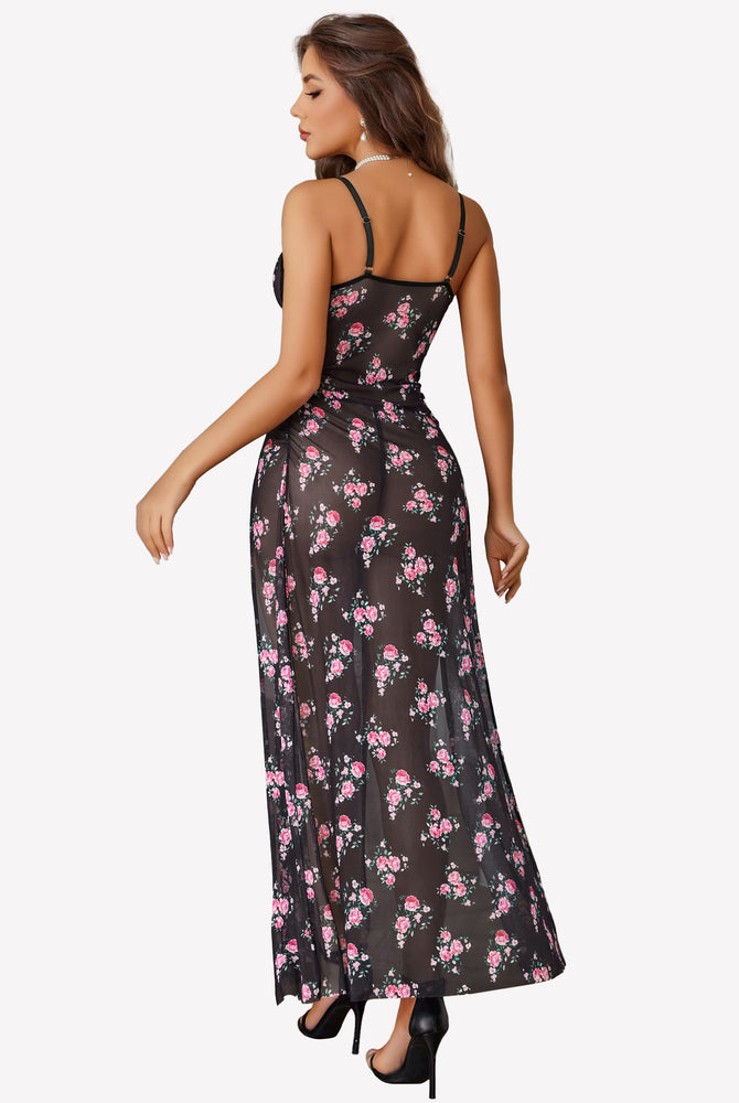 Black mesh floral dress with high slits, perfect for a feminine and alluring look