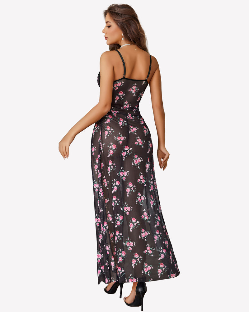 Black mesh floral dress with high slits, perfect for a feminine and alluring look