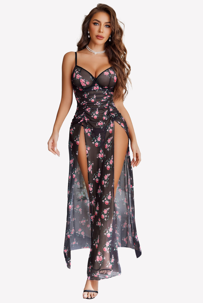 Black mesh floral dress with high slits and underwire, perfect for a feminine and alluring look