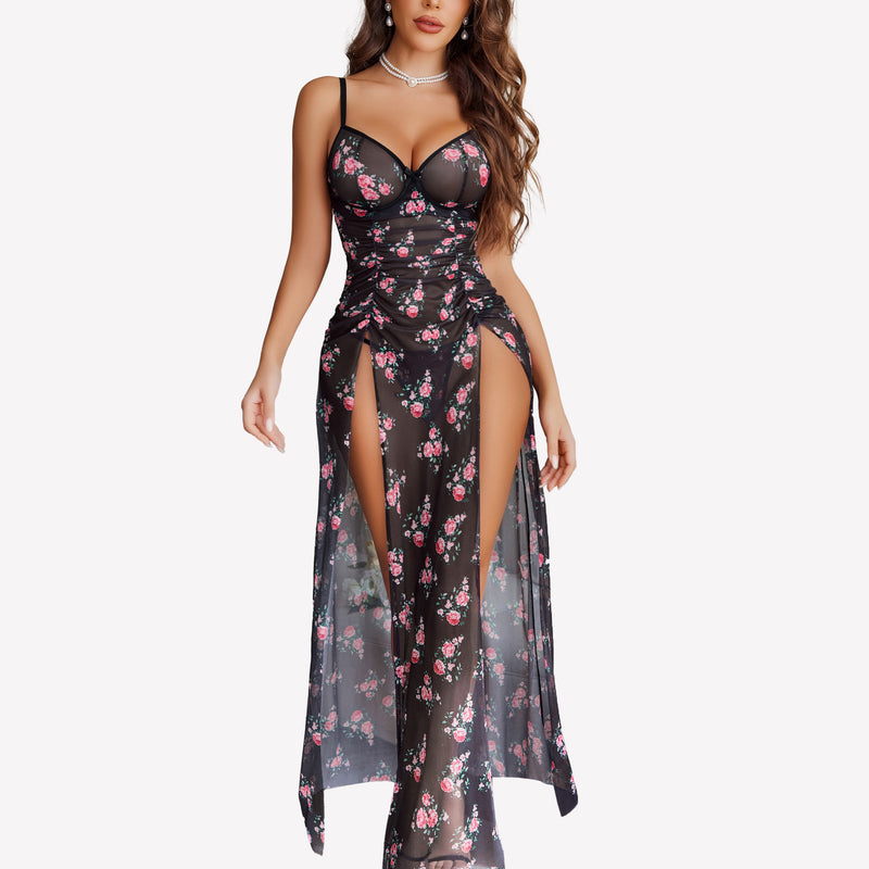 Black mesh floral dress with high slits and underwire, perfect for a feminine and alluring look