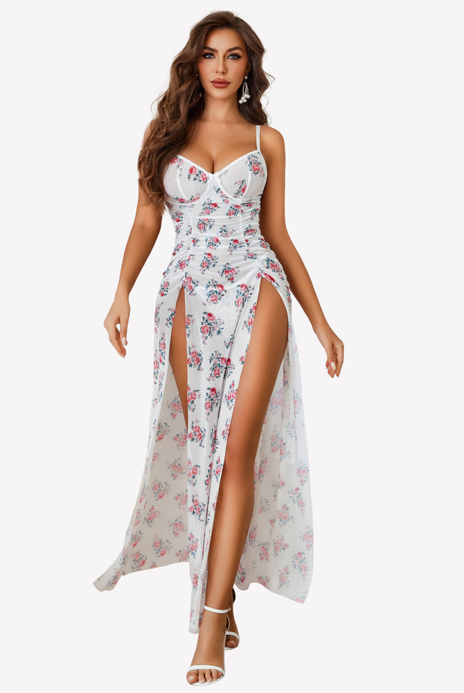 White mesh floral slit pleated dress with underwire, high slits, and adjustable straps