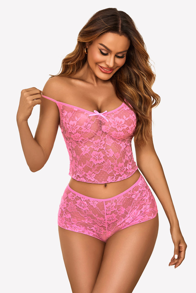 Pink sheer floral lace bralette set on a woman, spaghetti strap top and shorts, sexy lingerie