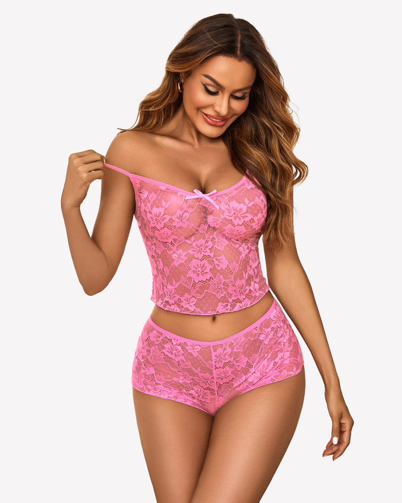 Pink sheer floral lace bralette set on a woman, spaghetti strap top and shorts, sexy lingerie