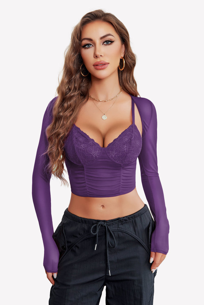 Purple mesh crop top and shrug set with lace bustier, sexy lingerie