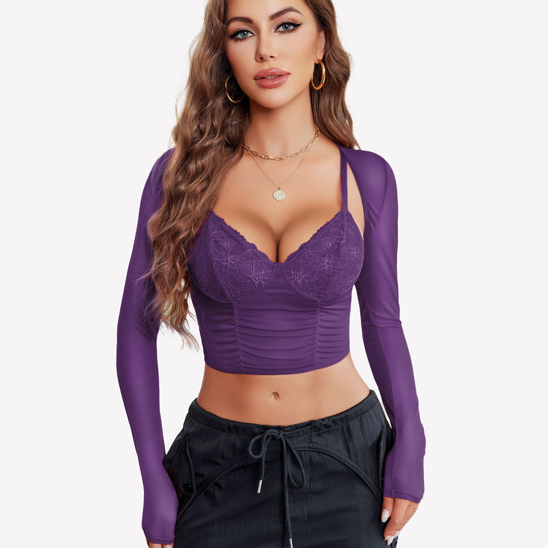 Purple mesh crop top and shrug set with lace bustier, sexy lingerie