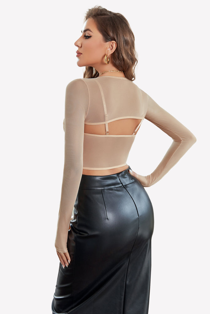 Beige mesh crop top and shrug set with black leather skirt, sexy lingerie for women
