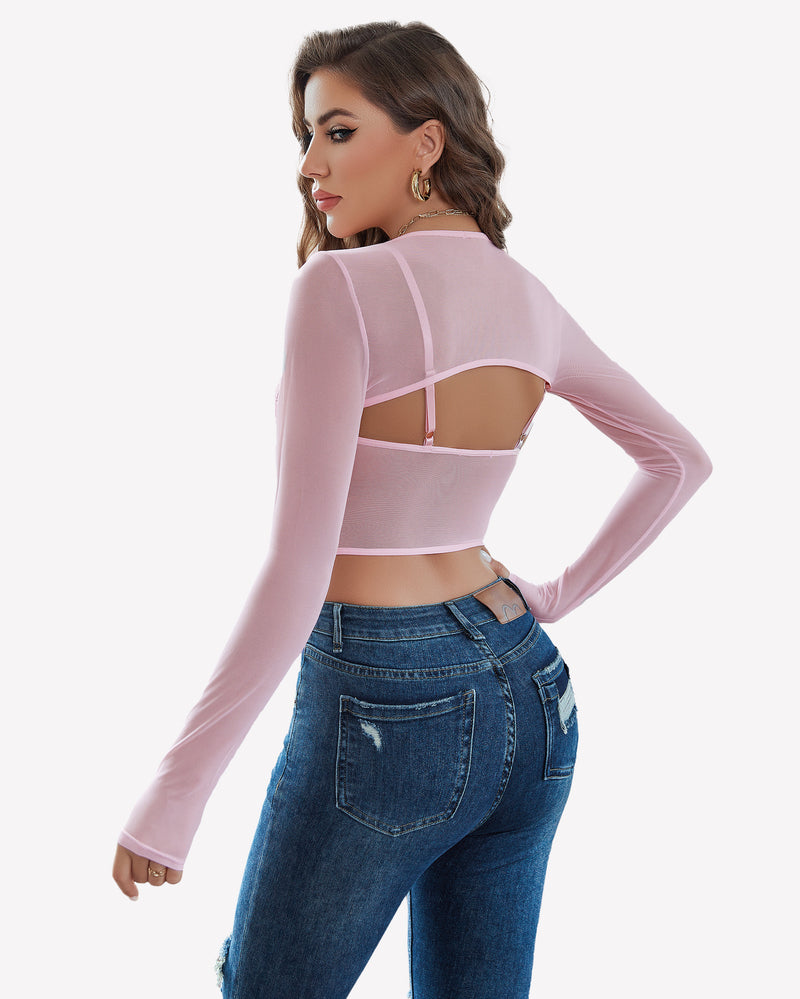 Pink mesh crop top and shrug set with backless design, sexy lingerie, and blue jeans
