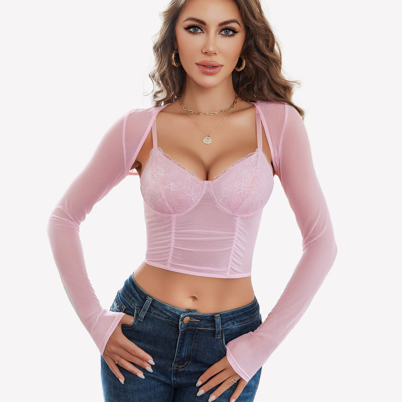 Pink mesh crop top and shrug set with lace bustier, sexy lingerie for women