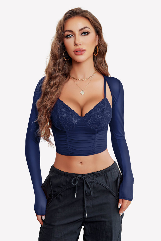 Navy blue mesh crop top and shrug set with lace bustier, sexy lingerie for women