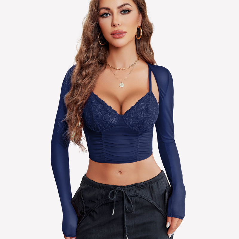 Navy blue mesh crop top and shrug set with lace bustier, sexy lingerie for women