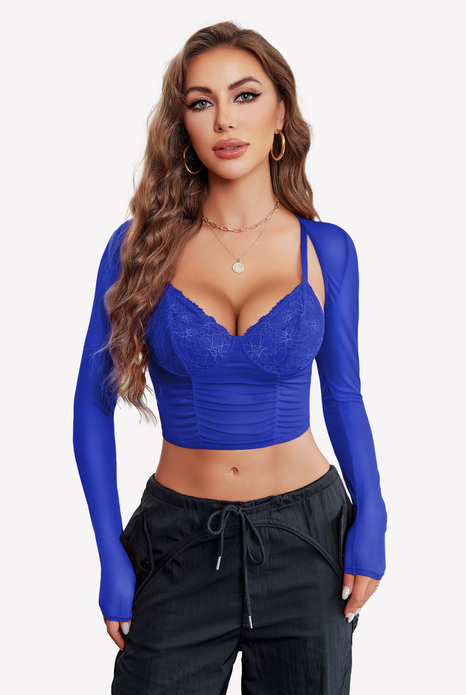 Blue mesh crop top and shrug set with lace bustier, sexy lingerie for women, Avidlove