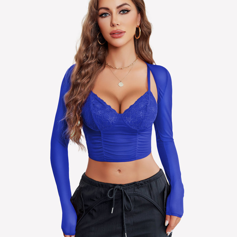 Blue mesh crop top and shrug set with lace bustier, sexy lingerie for women, Avidlove