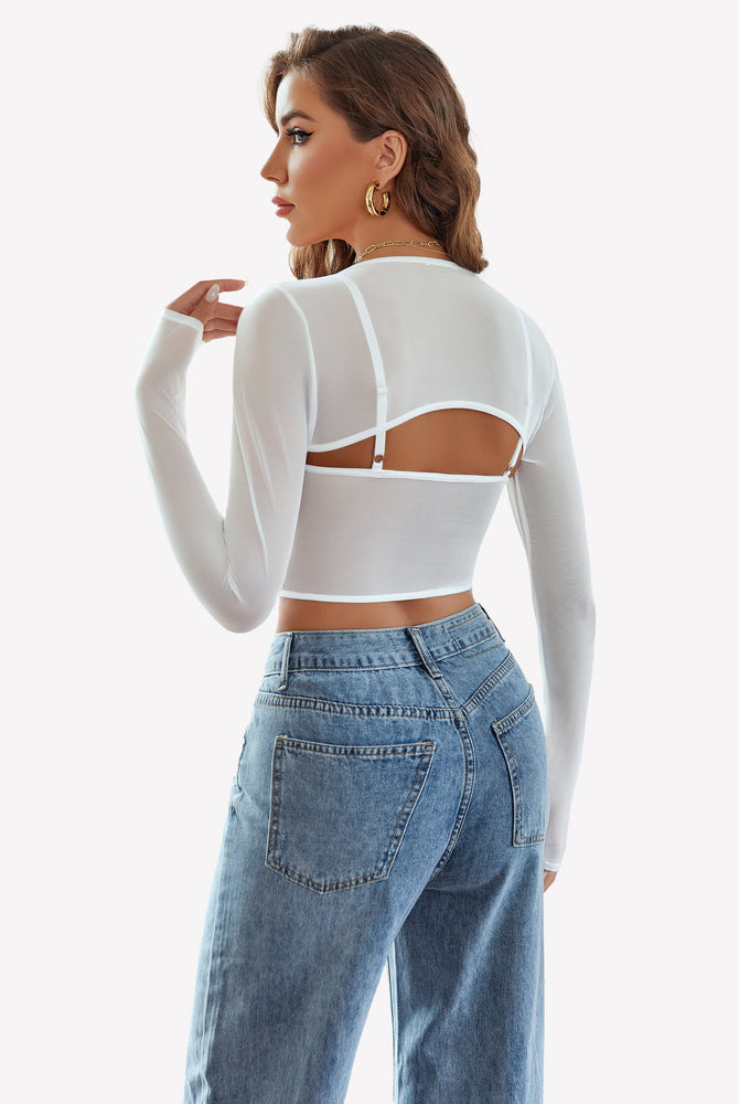 White mesh crop top and shrug set, paired with blue jeans. Sexy and sheer lingerie for women.