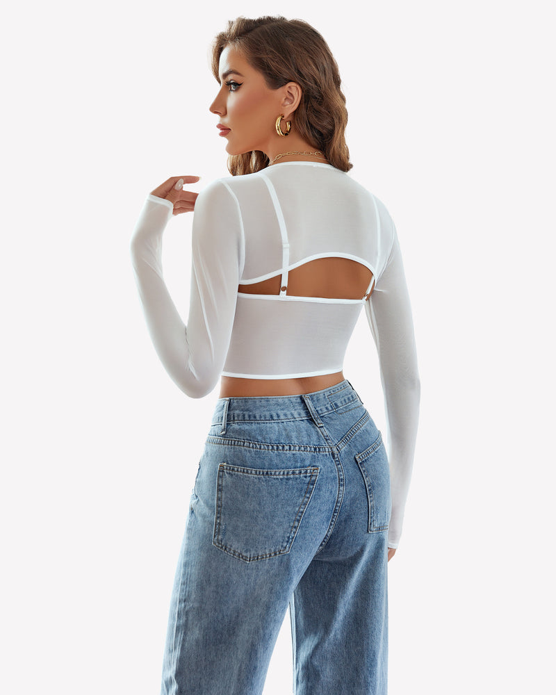 White mesh crop top and shrug set, paired with blue jeans. Sexy and sheer lingerie for women.