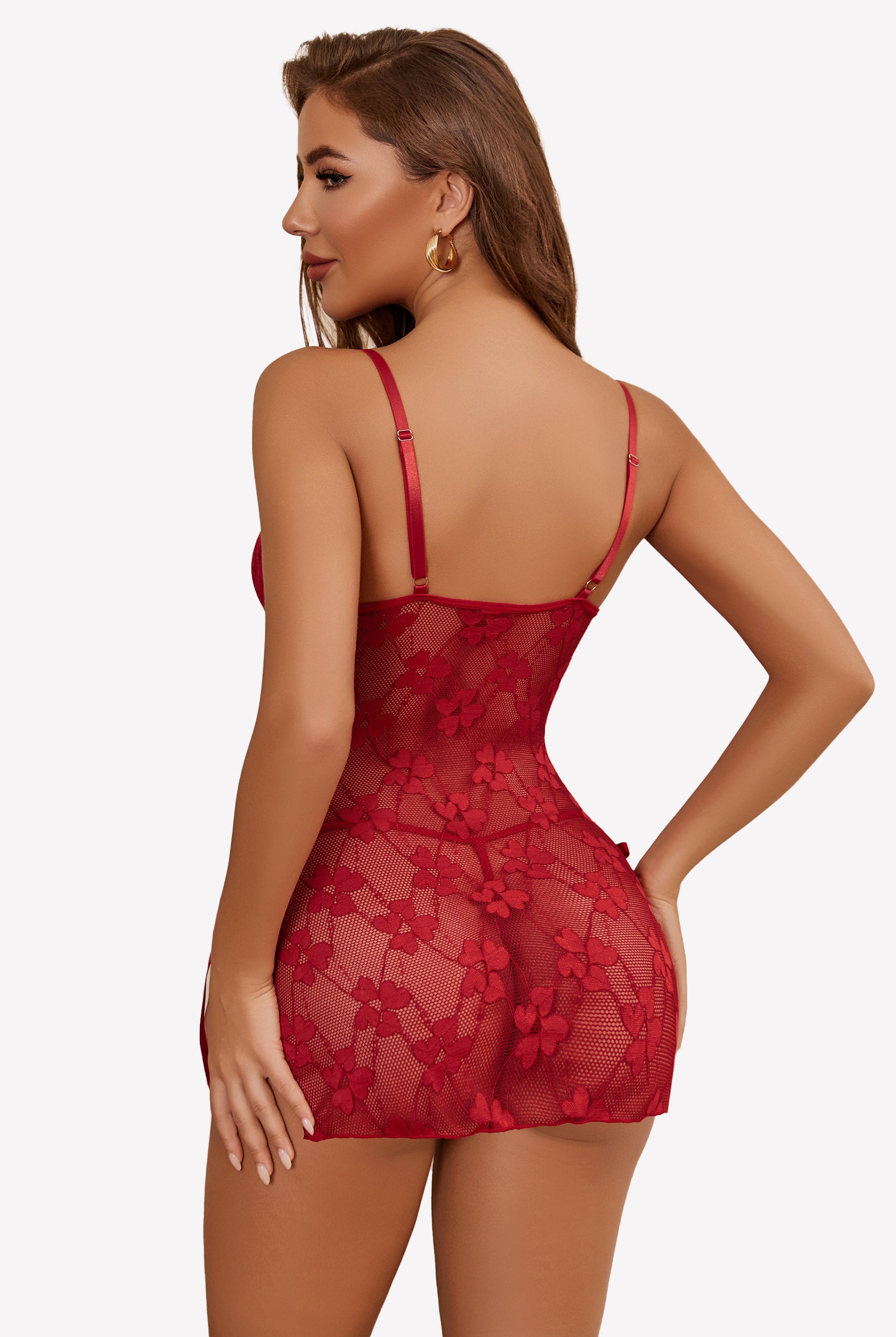 Red lace mesh chemise with open-back straps and fitted side hem ties
