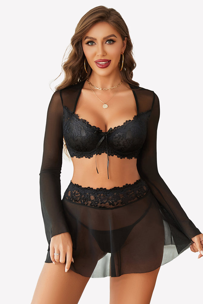 Black lace lingerie set with sheer sleeves. Sexy lingerie set for Valentine's Day.
