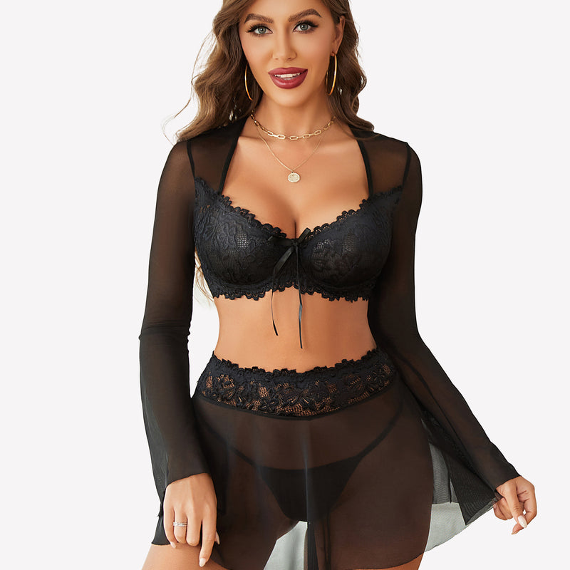 Black lace lingerie set with sheer sleeves. Sexy lingerie set for Valentine's Day.