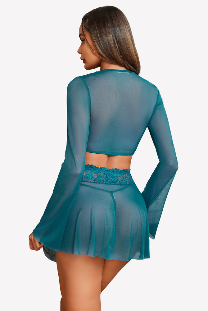 Teal contrast lace mesh lingerie set with bell sleeves. Sexy Valentine's Day lingerie set.