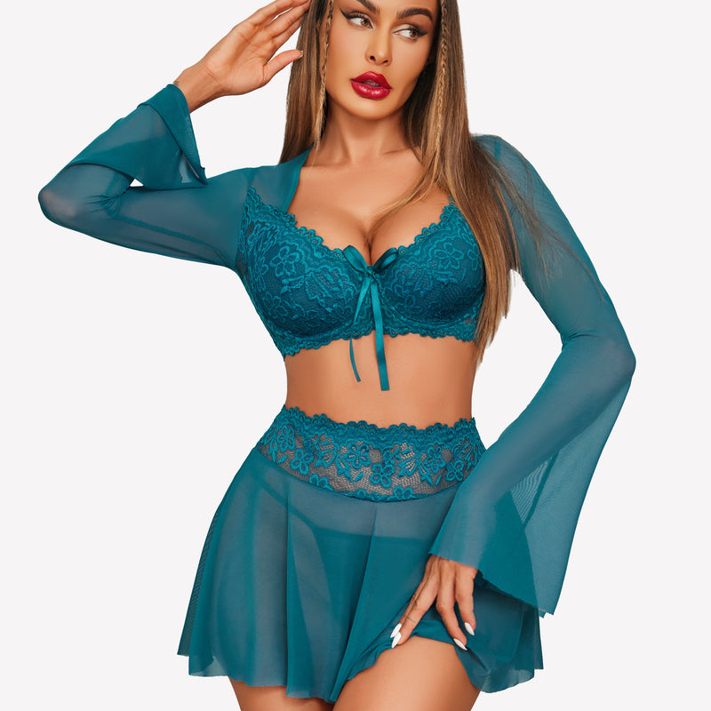 Teal contrast lace mesh lingerie set with bell sleeves. Sexy lingerie for Valentine's Day.