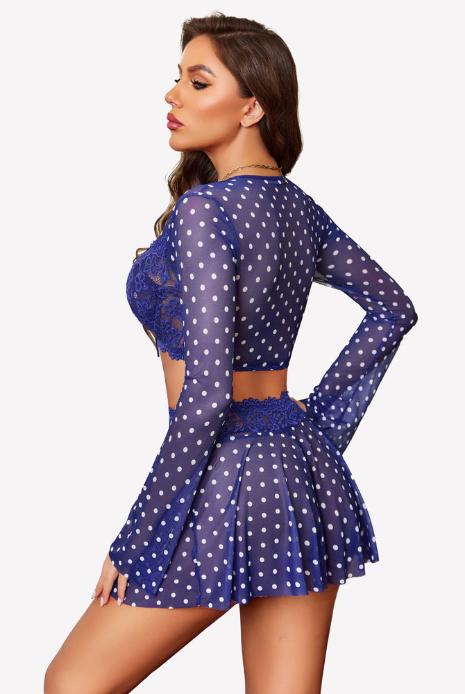 Blue polka dot lingerie set with lace bralette and sheer sleeves. Sexy Valentine's Day lingerie.