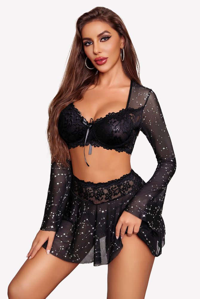 Black lace lingerie set with sheer sleeves and star pattern. Sexy Valentine's Day lingerie set.