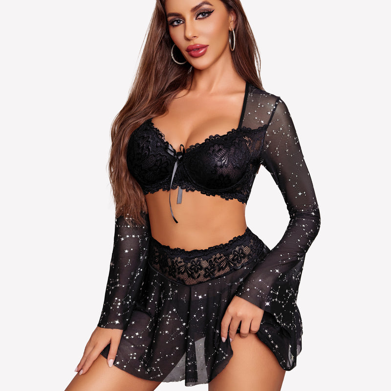 Black lace lingerie set with sheer sleeves and star pattern. Sexy Valentine's Day lingerie set.