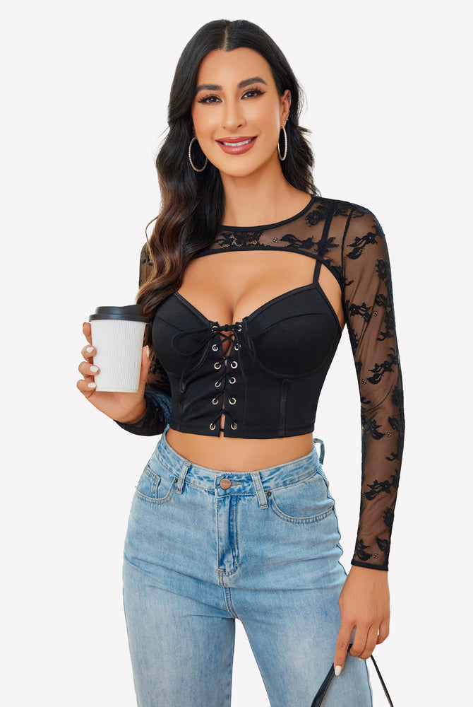 Black lace cami top with shrug, corset design, long sleeves, perfect for sexy lingerie