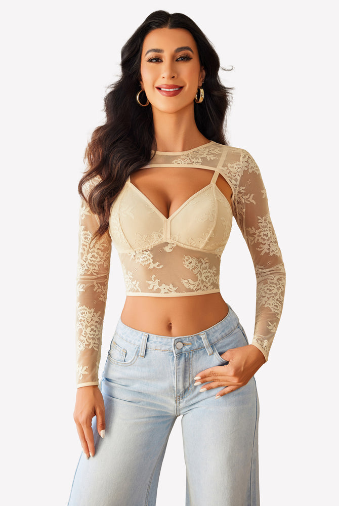 Beige lace cami top and shrug set with long sleeves and light blue jeans. Sexy lingerie.