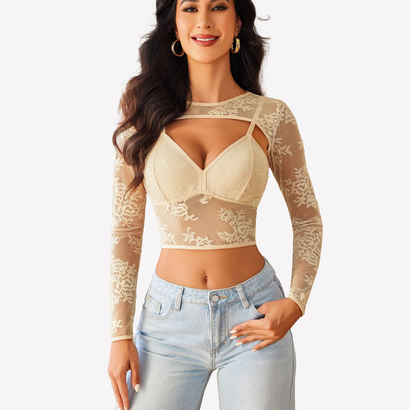 Beige lace cami top and shrug set with long sleeves and light blue jeans. Sexy lingerie.