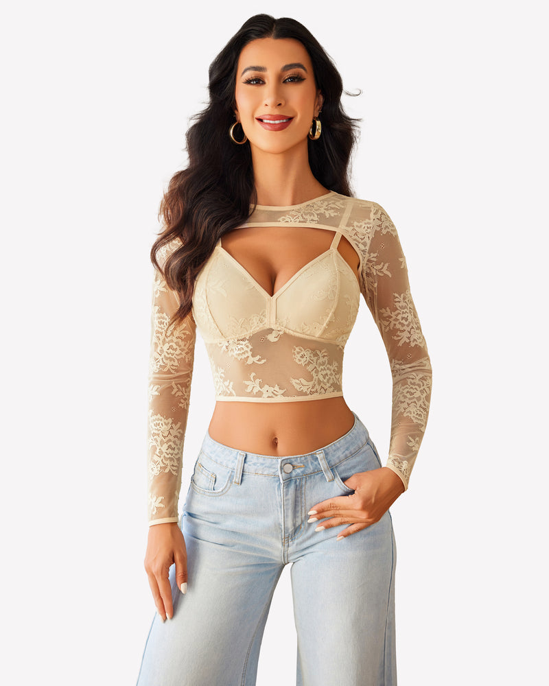 Beige lace cami top and shrug set with long sleeves and light blue jeans. Sexy lingerie.