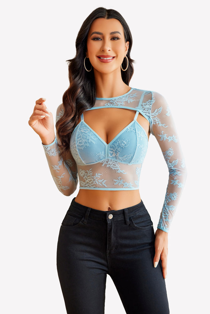 Light blue lace cami top with shrug, long sleeves, and black jeans. Sexy lingerie for women.