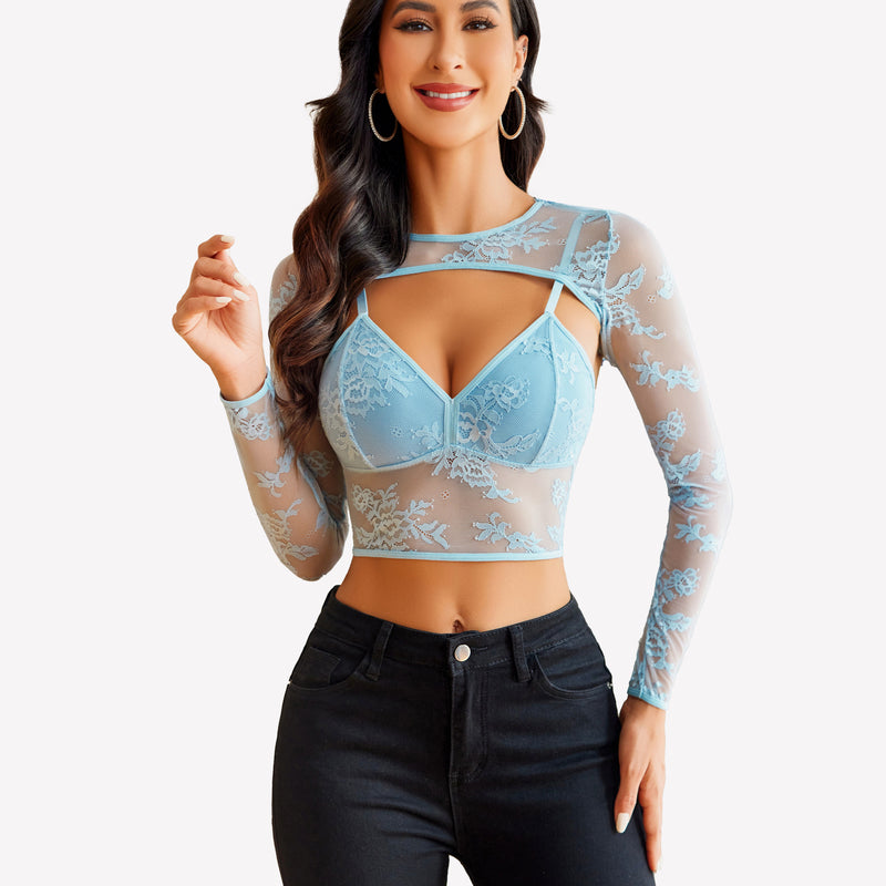 Light blue lace cami top with shrug, long sleeves, and black jeans. Sexy lingerie for women.