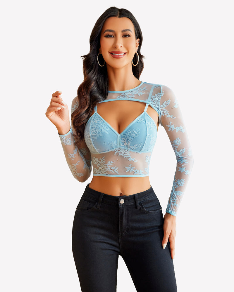 Light blue lace cami top with shrug, long sleeves, and black jeans. Sexy lingerie for women.