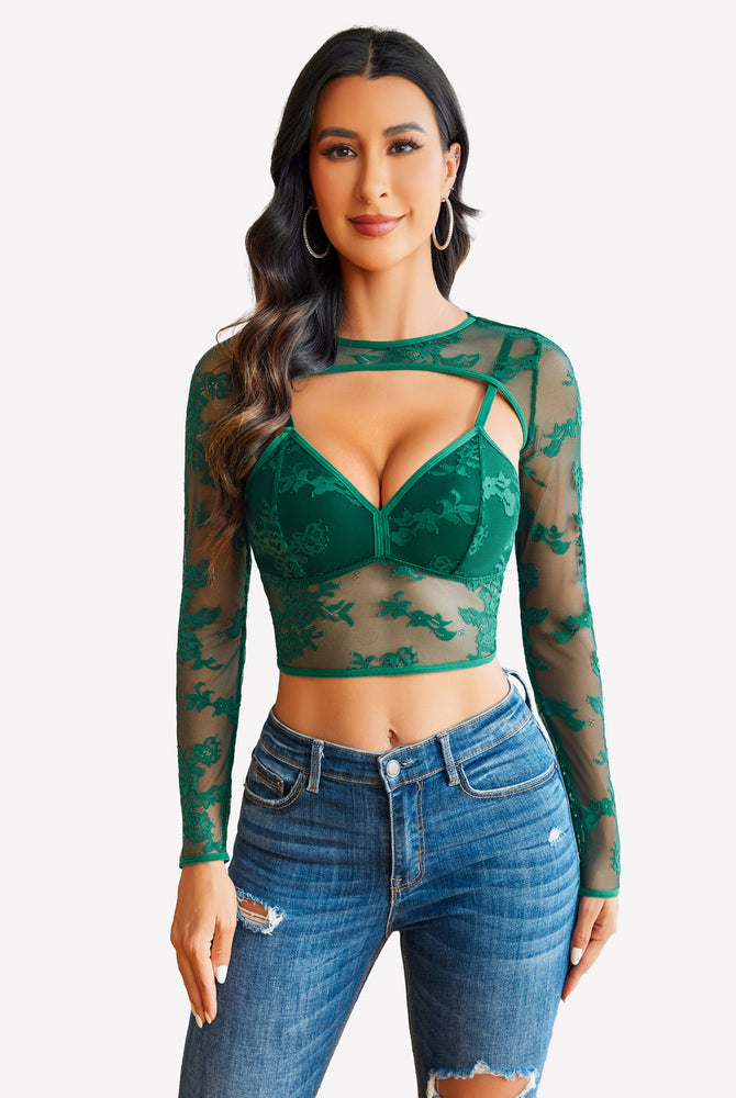 Green lace cami top and shrug set with blue jeans. Sexy lingerie for women.