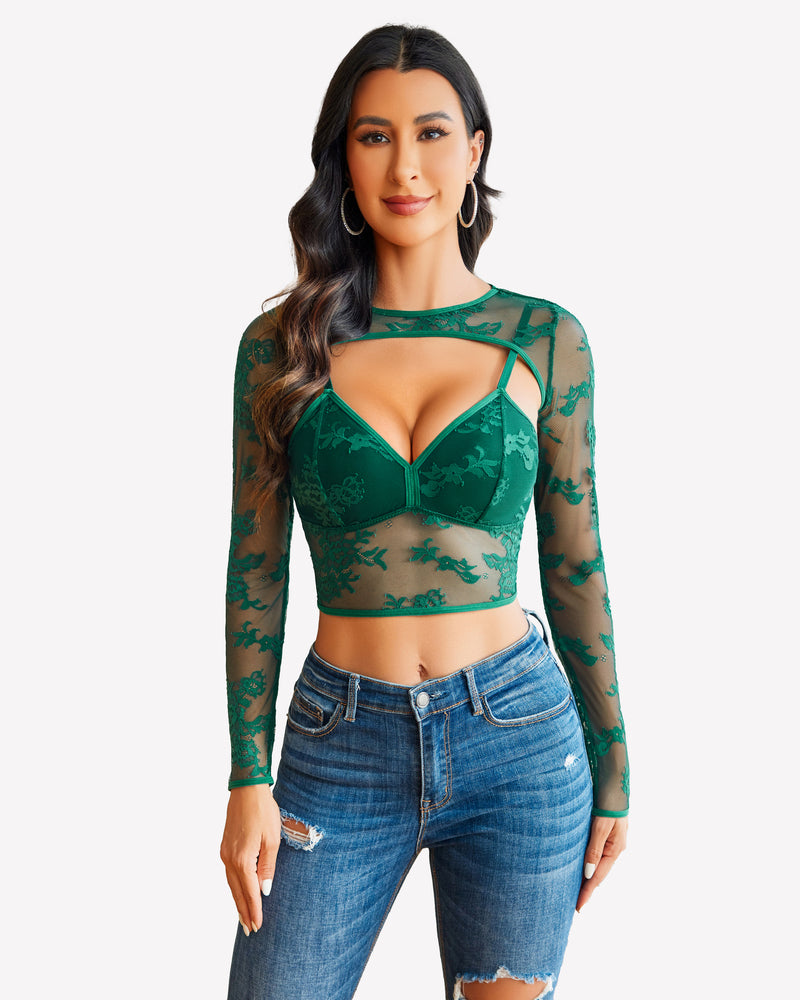 Green lace cami top and shrug set with blue jeans. Sexy lingerie for women.