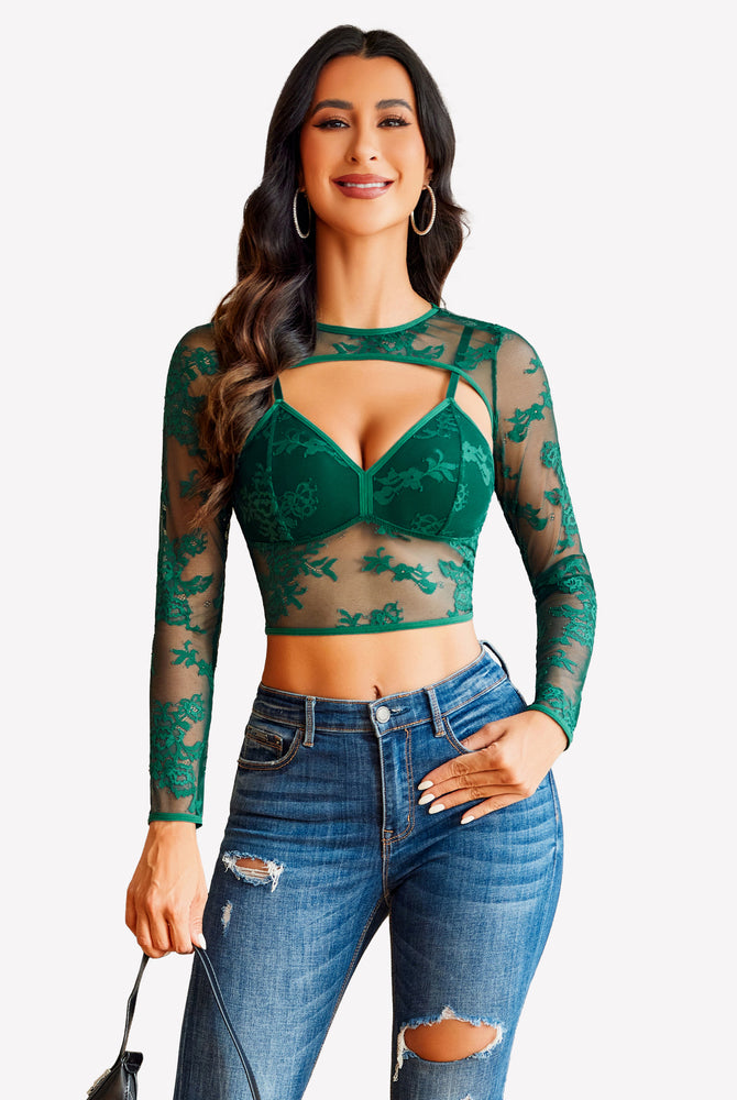 Green lace cami top and shrug set with long sleeves, paired with blue jeans. Sexy lingerie.
