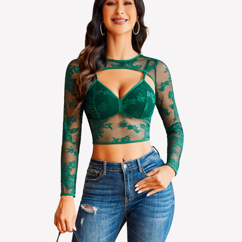 Green lace cami top and shrug set with long sleeves, paired with blue jeans. Sexy lingerie.