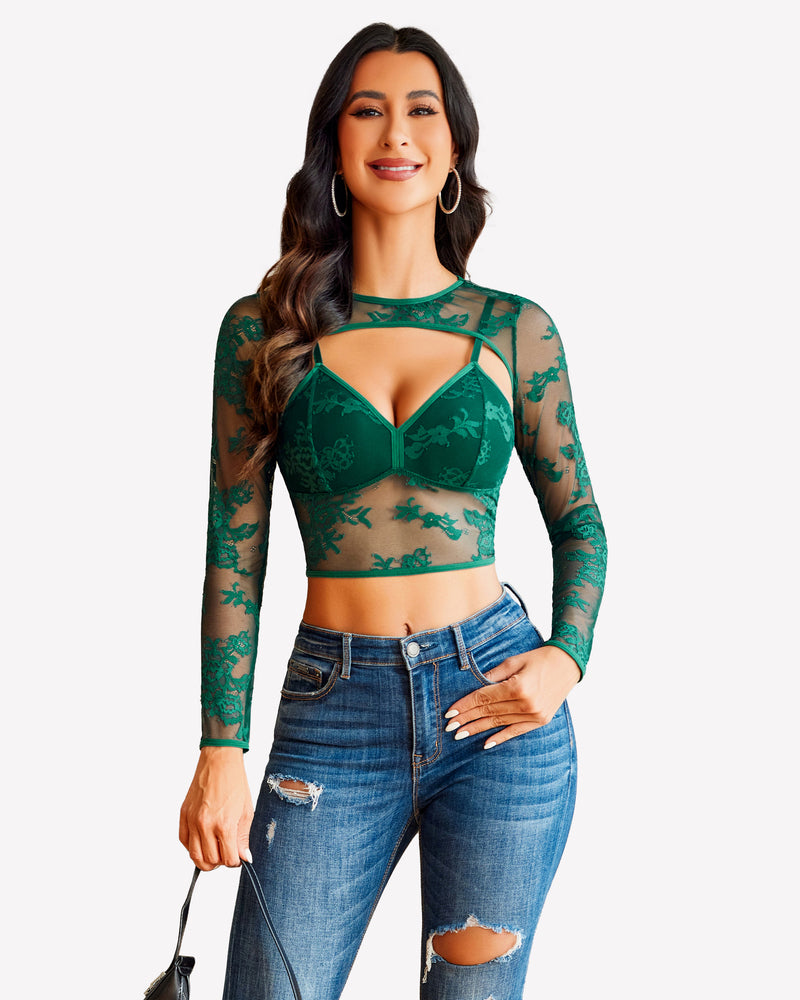Green lace cami top and shrug set with long sleeves, paired with blue jeans. Sexy lingerie.