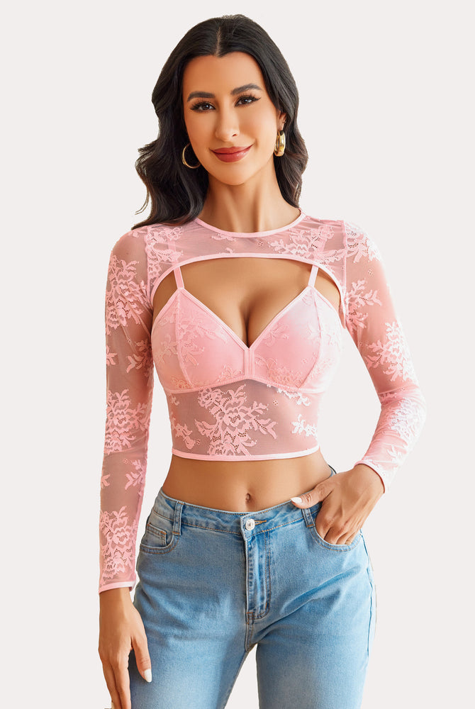 Pink lace cami top and shrug with matching bra, perfect for sexy lingerie