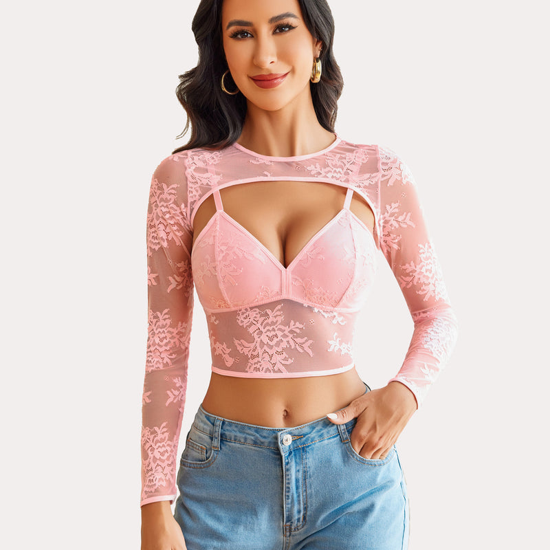 Pink lace cami top and shrug with matching bra, perfect for sexy lingerie
