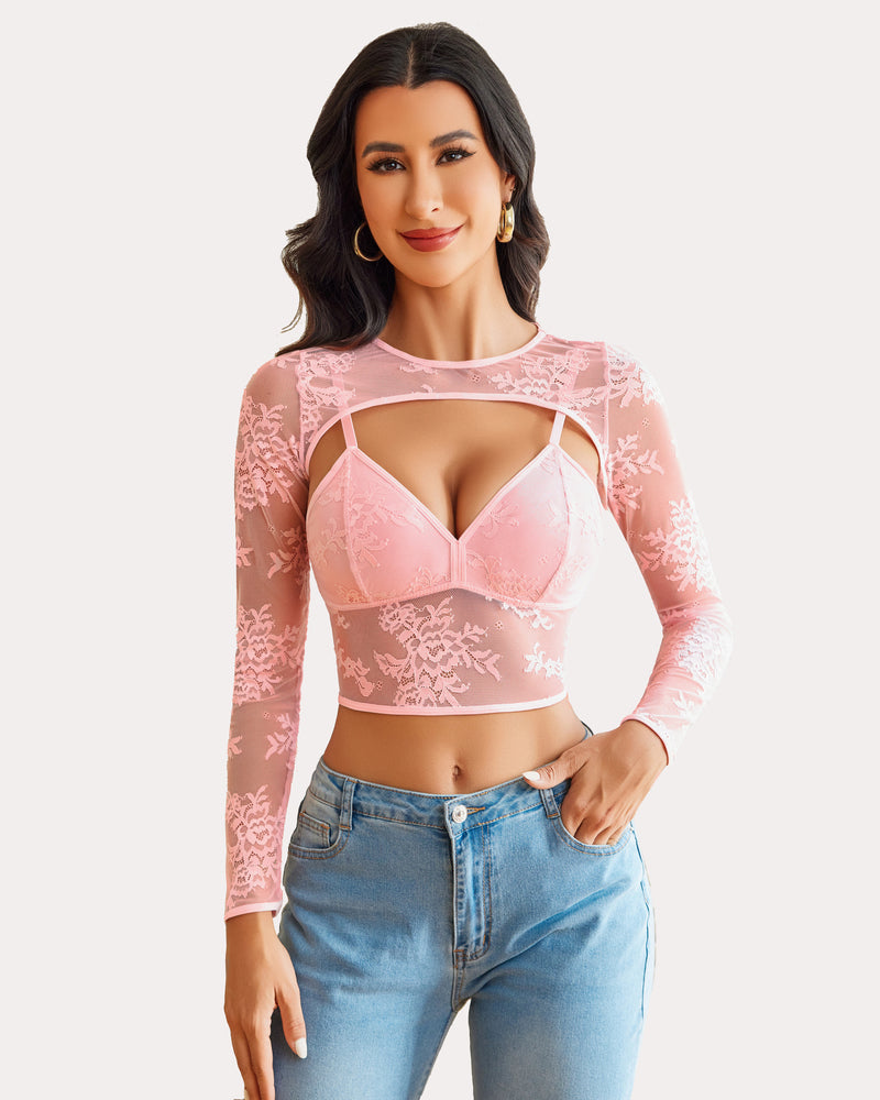Pink lace cami top and shrug with matching bra, perfect for sexy lingerie