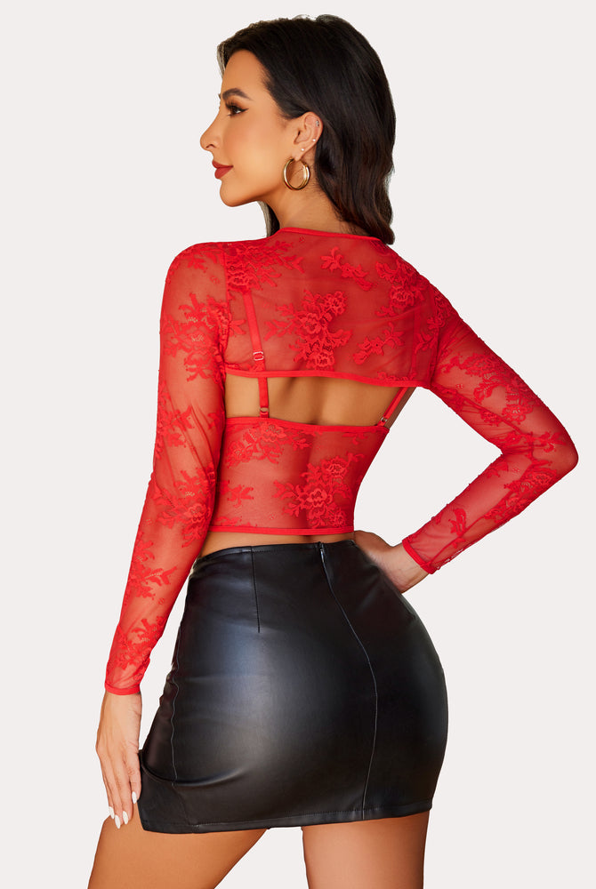 Red lace cami top with shrug and black mini skirt. Sexy lingerie for women.