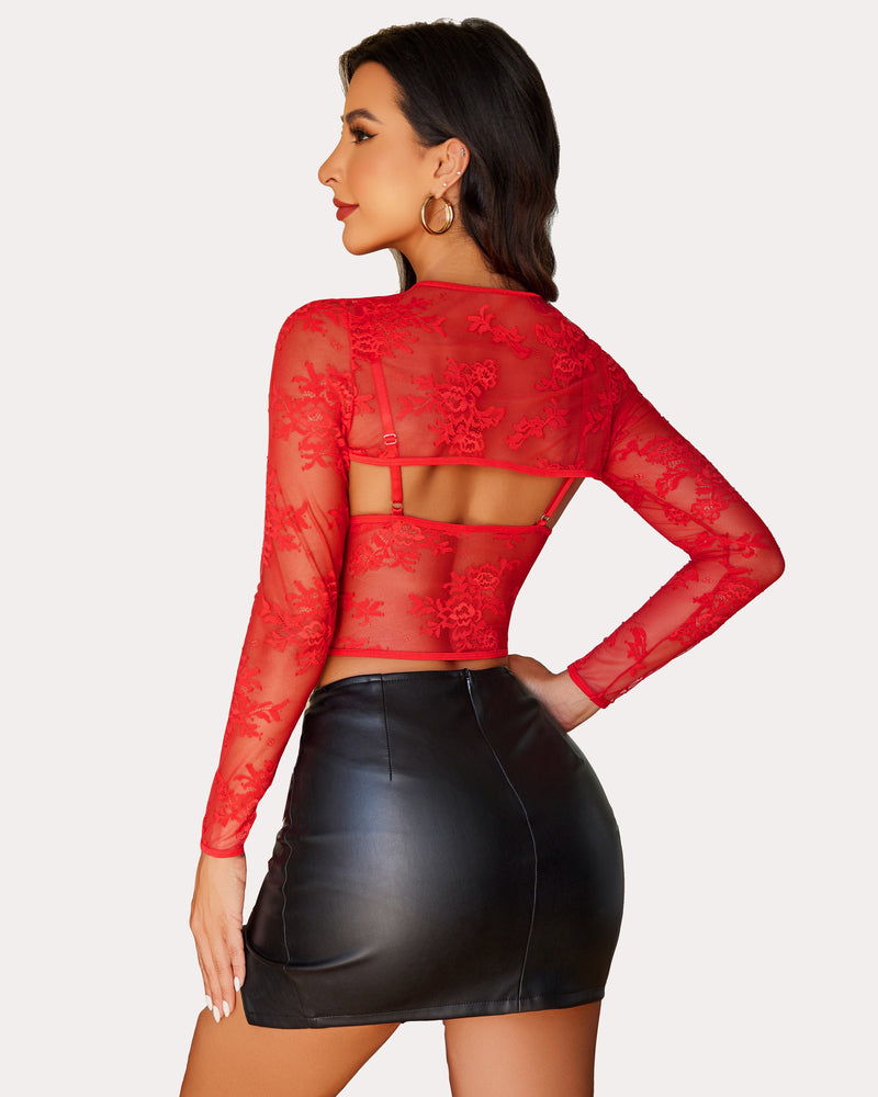Red lace cami top with shrug and black mini skirt. Sexy lingerie for women.