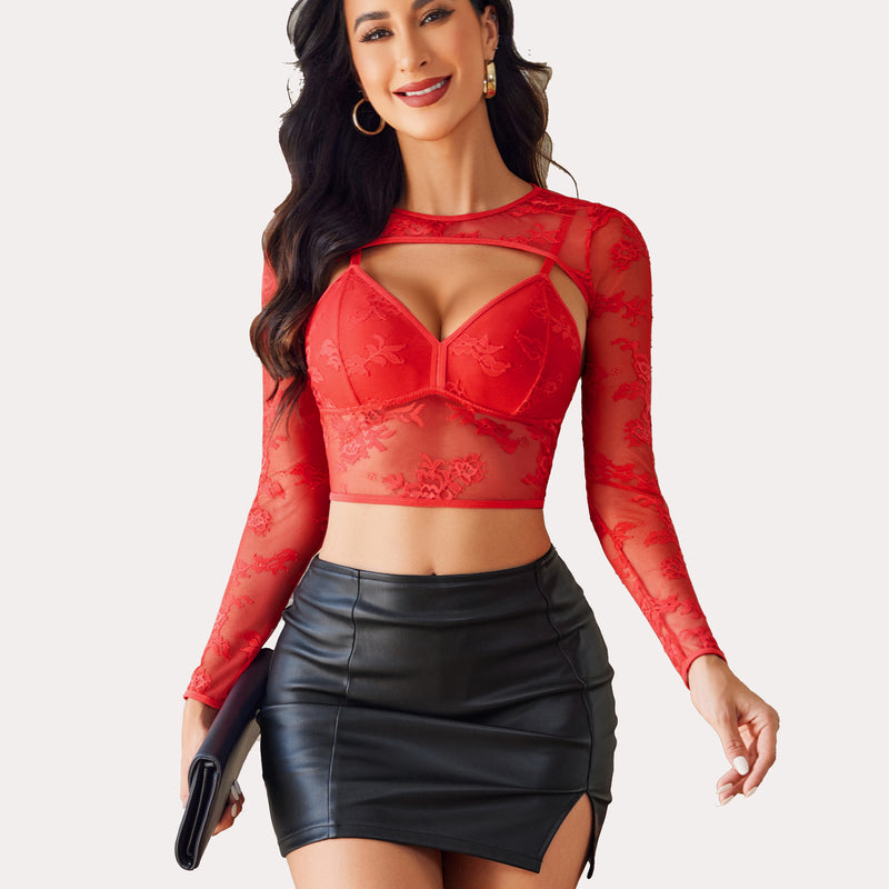 Red lace cami top with matching bra and black mini skirt, perfect for sexy lingerie